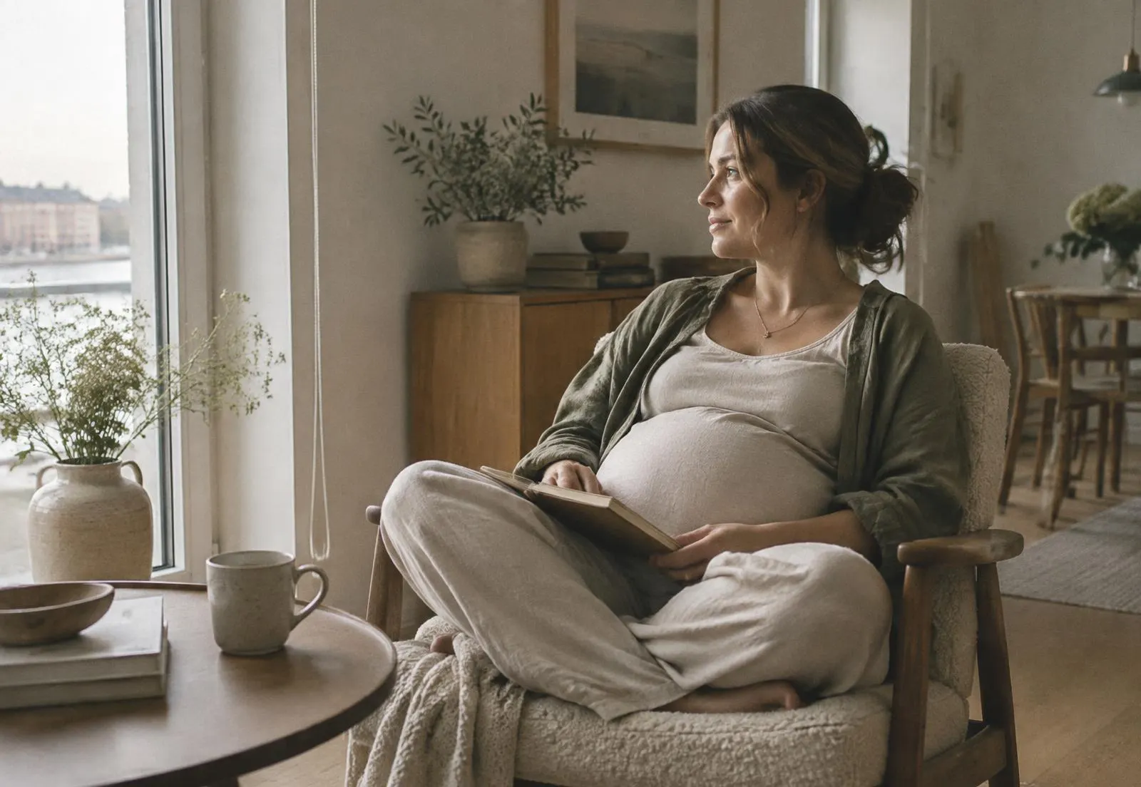 Pregnant woman resting in a calm, sunlit living room with a notebook